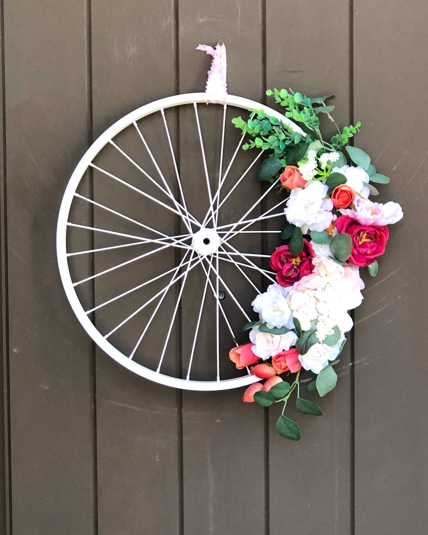 White Bicycle Wheel Floral Wreath