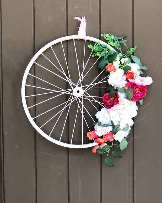 White Bicycle Wheel Floral Wreath