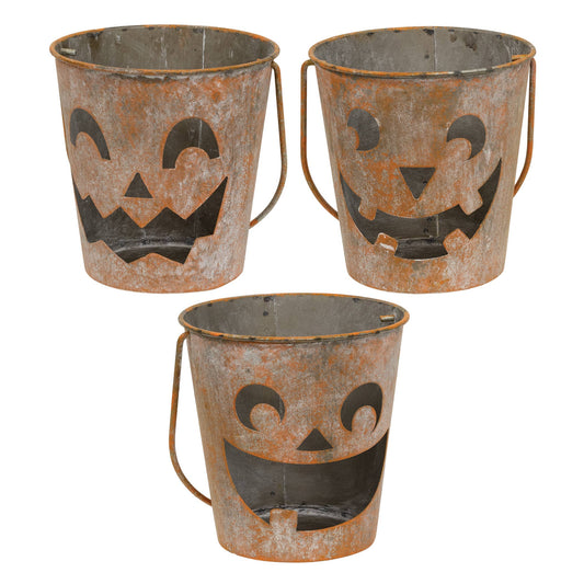 Distressed Metal Jack O Lantern Luminary Bucket - 3 Asstd.
