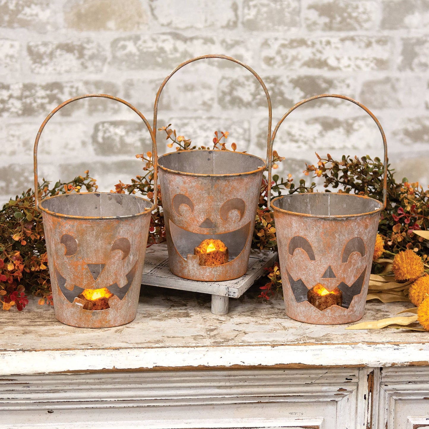 Distressed Metal Jack O Lantern Luminary Bucket - 3 Asstd.