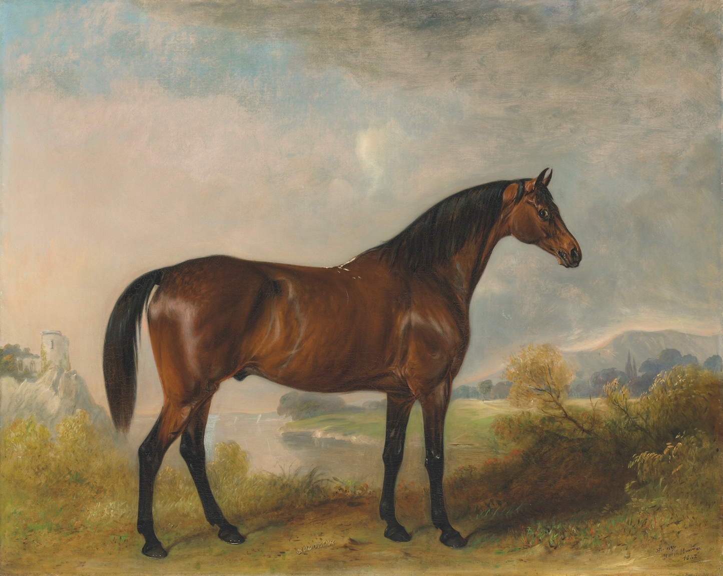 Bay Horse in a Field Antique Framed Art