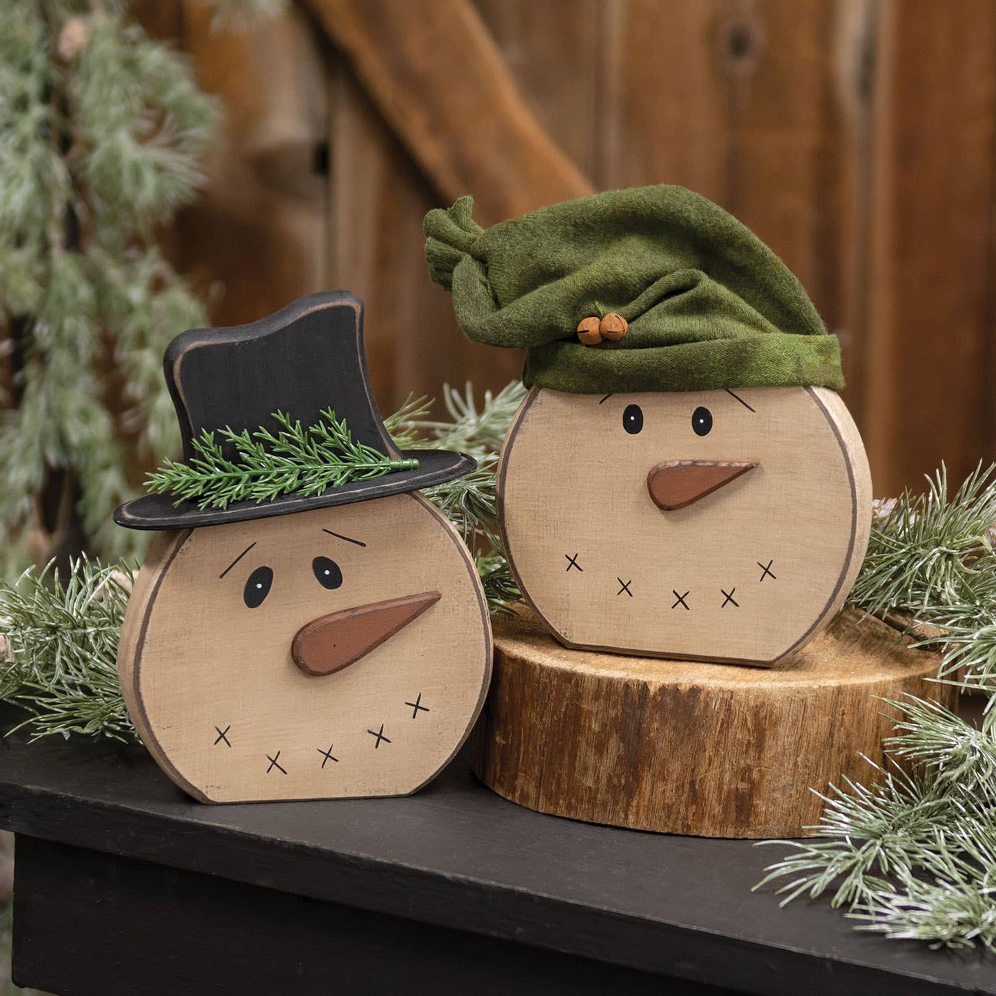 Distressed Wooden Snowman w/Hat Sitter, 2 Assorted