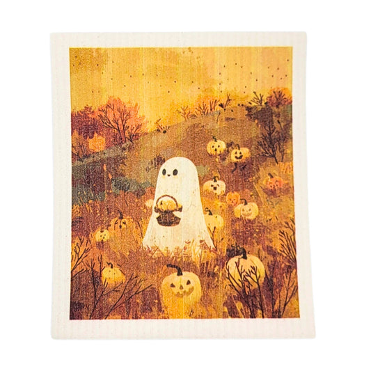 Ghost Pumpkin Picking Halloween Swedish Dishcloth Fall Decor