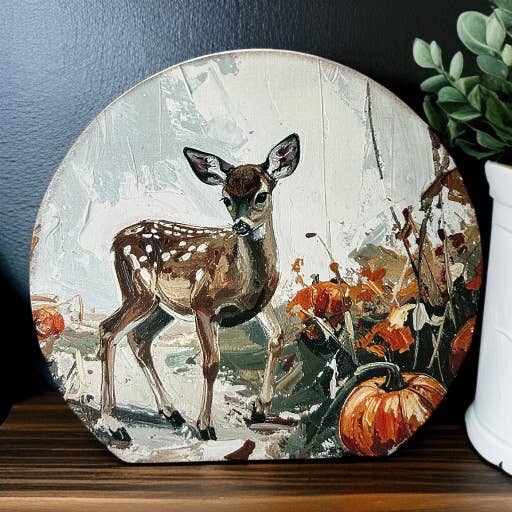 Fall Deer Painting - Wood Autumn Decor Circle Sign