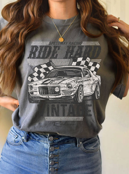 RIDE HARD VINTAGE RIDER CAR GRAPHIC TSHIRTS