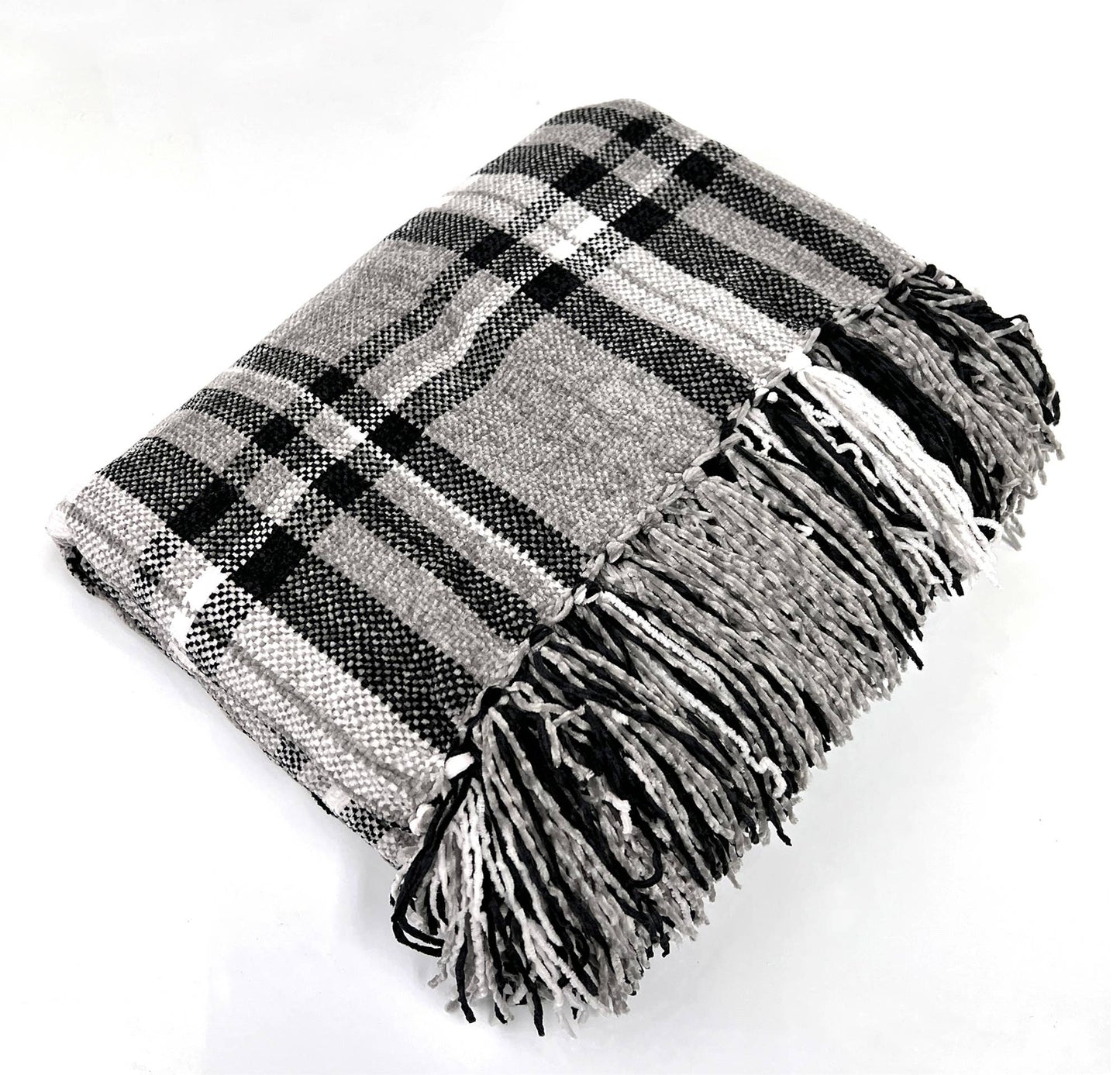 Grey Chenille Woven Plaid Tassel 50"x60" Throw Blanket